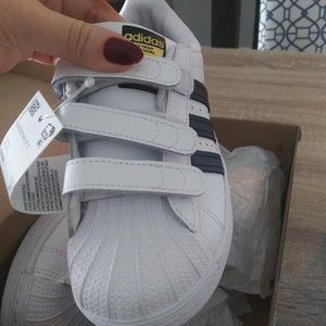 new in box kids adidas superstar sneakers shoes white and black velcro size 13